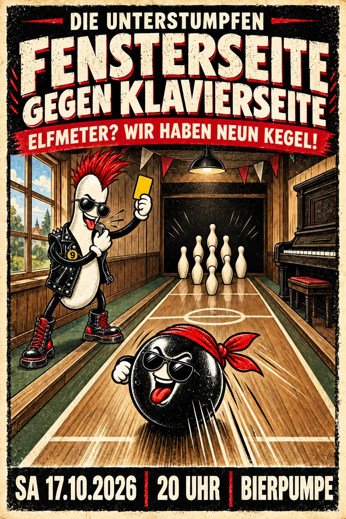 Konzertplakat „Fensterseite gegen Klavierseite“: Stumpi steht mit gelber Karte an der Kegelbahn in der Bierpumpe, Pumpi rollt als schwarze Kegelkugel mit rotem Bandana auf die neun Kegel zu. Aufdruck: „Elfmeter? Wir haben neun Kegel!“ und unten „SA 17.10.2026 · 20 Uhr · Bierpumpe“.